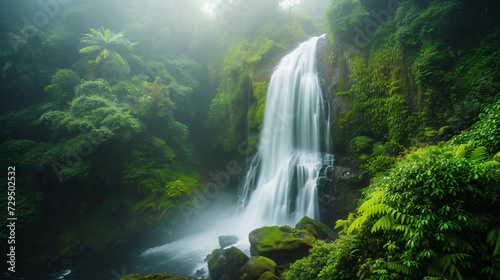 A captivating image of a cascading waterfall in a lush rainforest with rainbow mist rising from the base.