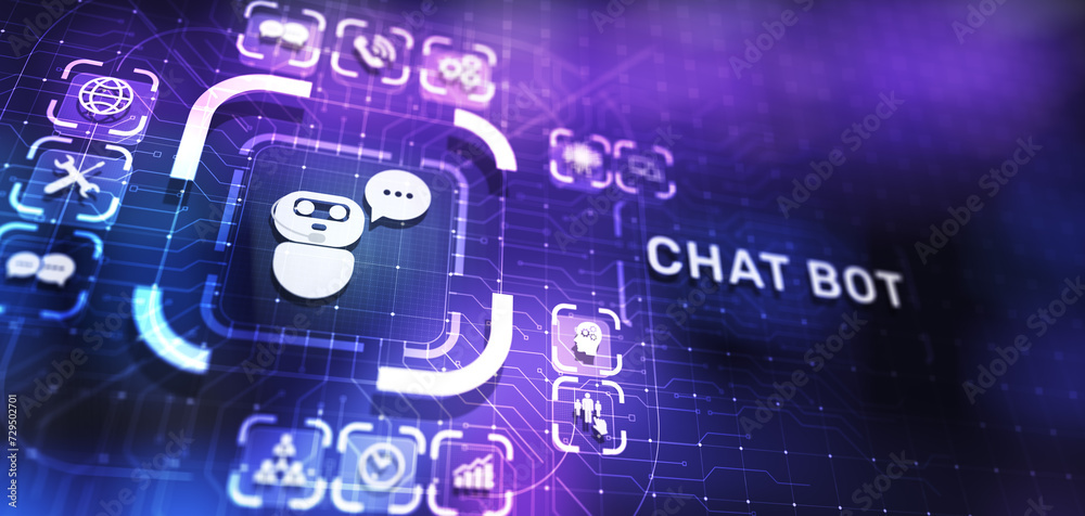 Obraz premium Chatbot computer program designed for conversation with human users over the Internet. Support and customer service automation technology concept.