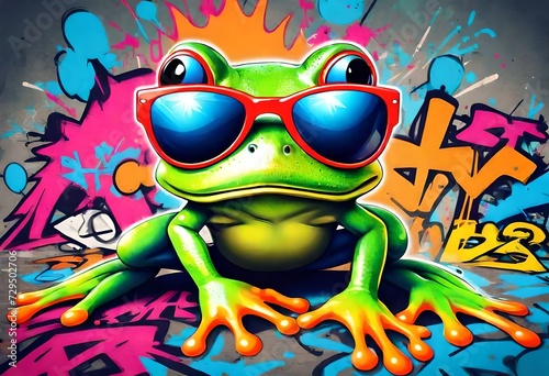 Funny colorful frog with sunglasses, graffiti artwork style