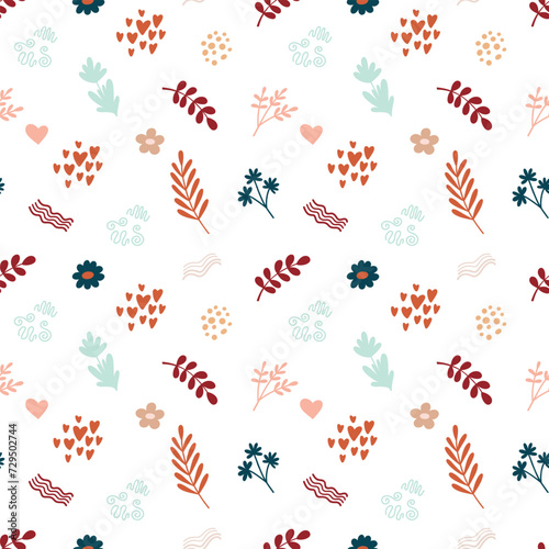 Cute bohemian baby seamless pattern with twigs, leaves, herbs, plants in boho style