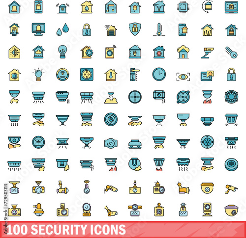 100 security icons set. Color line set of security vector icons thin line color flat on white