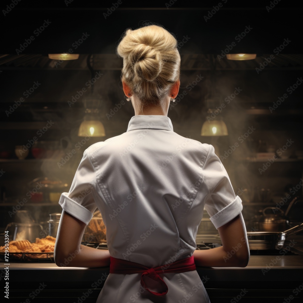 Back view of a female chef. Back view of a female chef.