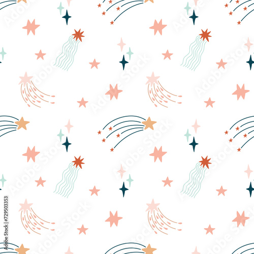 Cute bohemian baby seamless pattern with clouds, stars, sun. Vector pattern in boho style