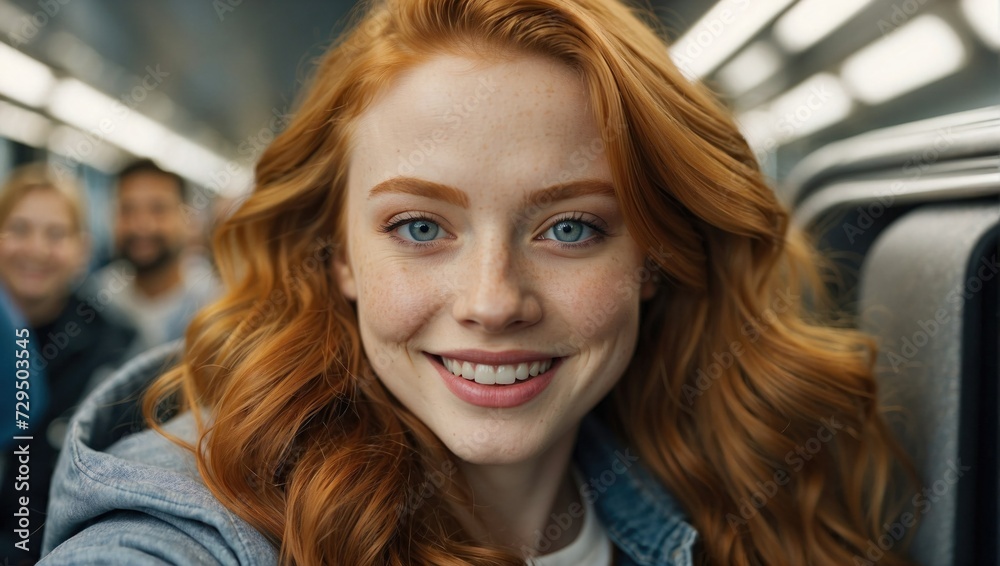 Obraz premium Close-up selfie of a young, attractive ginger-haired woman smiling on a train with passengers in the background.
