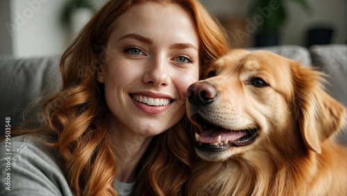 Close-up selfie of a young, attractive ginger-haired woman smiling with a golden retriever, showing a bond between human and dog. © Tom