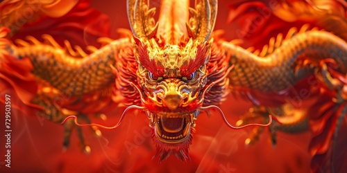 Fototapeta Festive 3D Dragon Banner For Chinese New Year Celebration In 2024. Сoncept Lunar New Year Decorations, Traditional Chinese Dragon Display, Festive Banners, 3D Paper Crafts