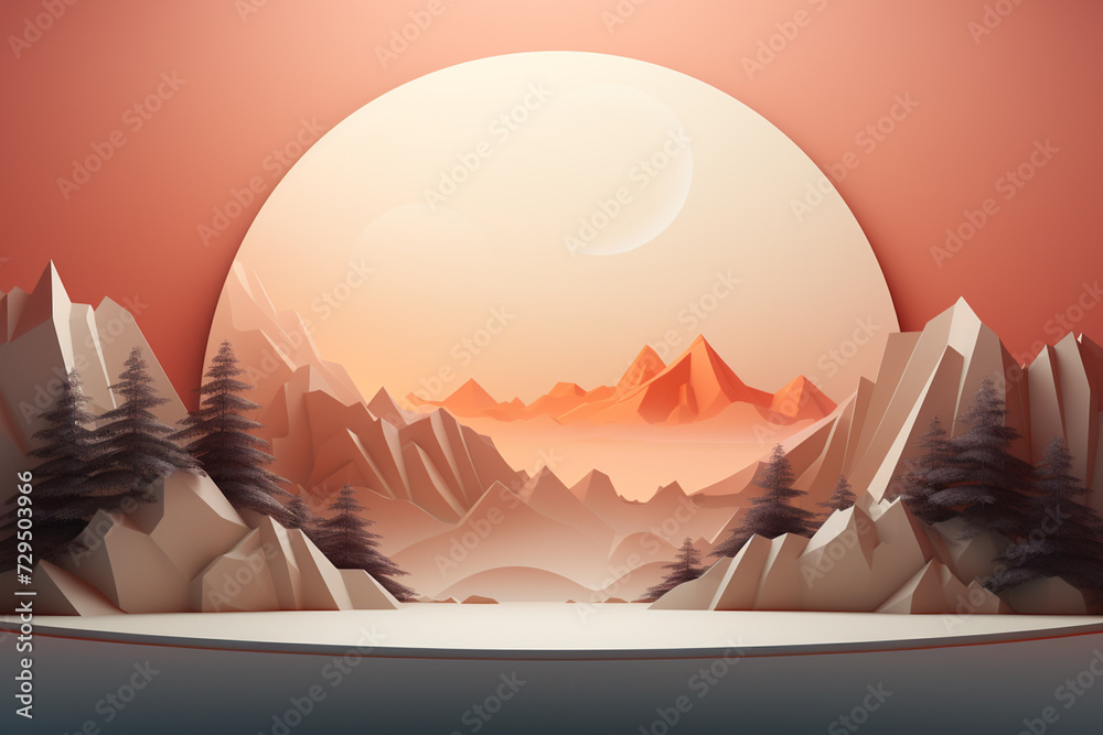 Fototapeta premium 3d illustration of mountains in the desert at sunset with a full moon