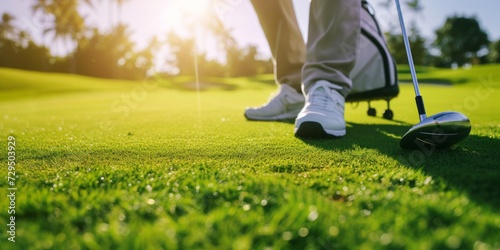 Golfer Standing On A Green Course With A Closeup Of Golf Equipment Bag. Сoncept Golfing Essentials, Green Course Perfection, Golf Bag Showcase photo