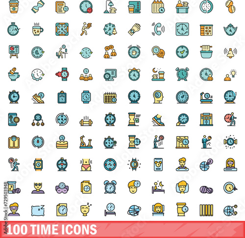 100 time icons set. Color line set of time vector icons thin line color flat on white