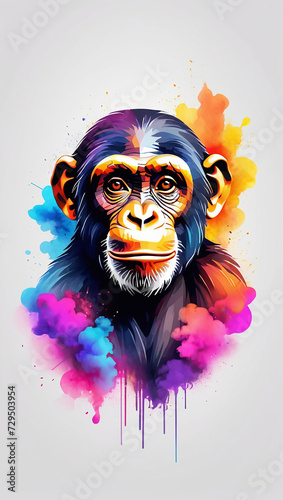 Minimalist Neon Line Chimpanzee Logo with Geometric Design, Vibrant Smoke Effects White Background with t-shirt design ai art