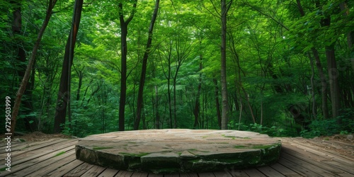 Nature-Inspired Green Podium Constructed With Wood And Stone, Complemented By A Picturesque Forest Background © Ян Заболотний