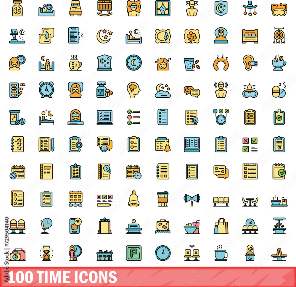 100 time icons set. Color line set of time vector icons thin line color flat on white