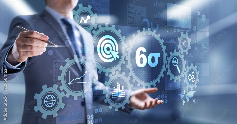 Six sigma DMAIC Industrial process optimisation concept on virtual screen. Six sigma DMAIC Industrial process optimisation concept on virtual screen.