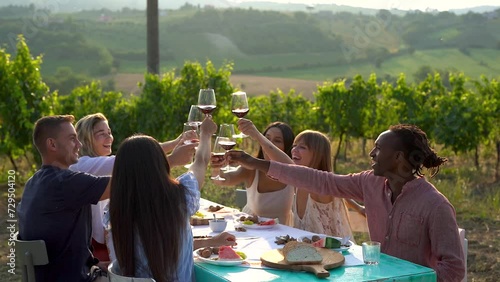 Group of multiracial friends cheering with red wine during pic nic at vineyard - Summer, people and lifestyle concept photo