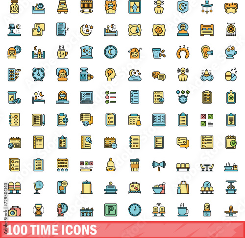 100 time icons set. Color line set of time vector icons thin line color flat on white