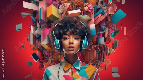 Red Background, girl with headphones, music, Generated by AI