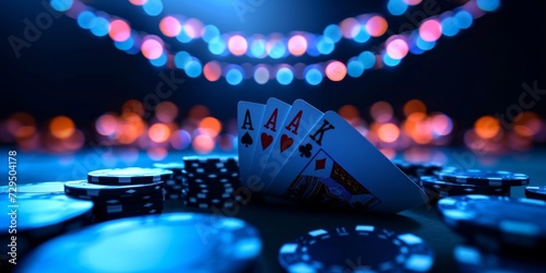 Digital Poker Game: A Captivating Illustration For Online Gaming Websites. Сoncept Poker Chips, Card Dealing, Online Tournament, Virtual Casino, High Stakes photo