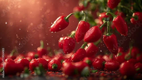 Ripe red peppers floating in mid-air against a vertical gradient backdrop. gradient backdrop transitioning from deep red to black. Gradient lighting. subtle highlights.