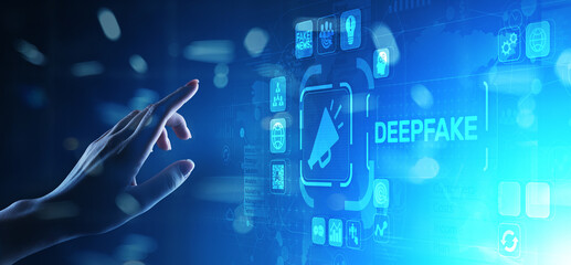 Deep Fake news artificial intelligence in media technology concept on virtual screen.