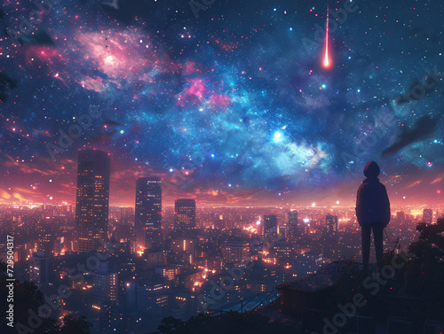 A person standing on a rooftop, looking up at a starry sky filled with shooting stars and city lights.