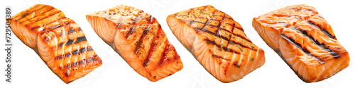 Set of different grilled salmon fillet isolated on a white or transparent background. Grilled seafood. Close-up of salmon or trout fillet with grill marks. BBQ season, design element. Side view