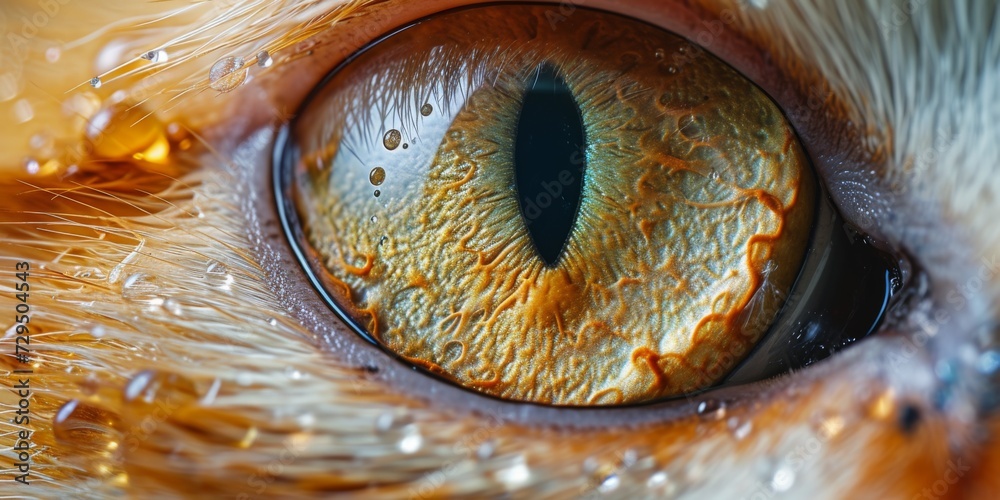 Macro Shot Of Aigenerated 3D Animaleye, Adorned With Water Droplets. Сoncept Macro Photography, 3D Animal Eye, Water Droplets, Adorned Beauty