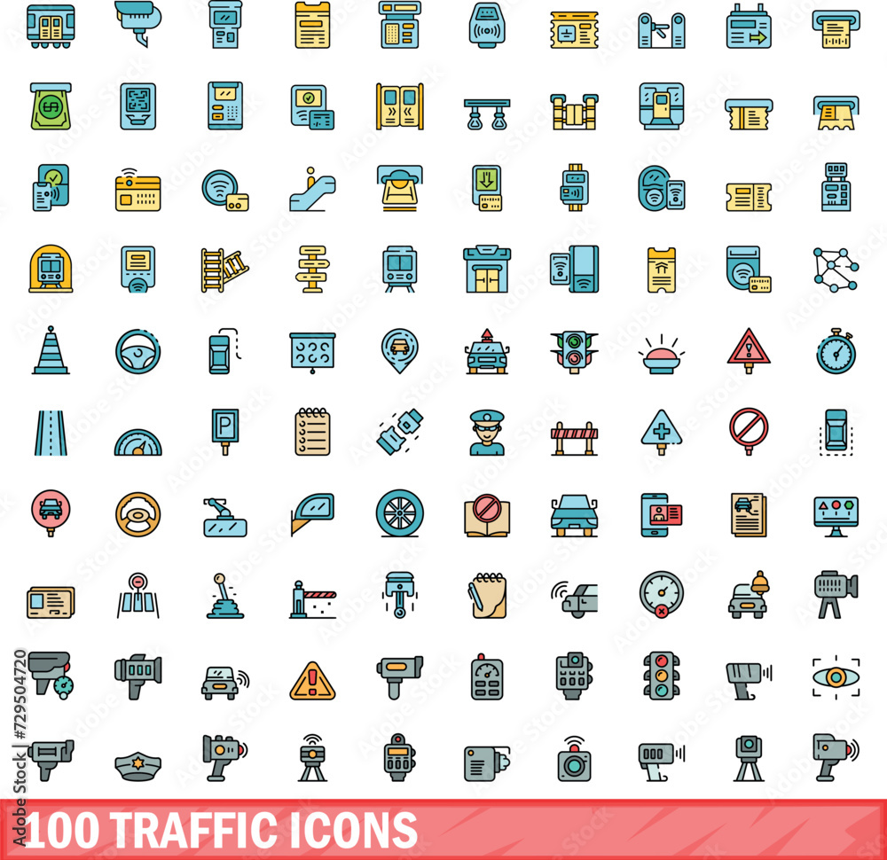 100 traffic icons set. Color line set of traffic vector icons thin line color flat on white