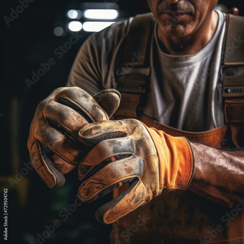 Hands of a working man putting on work gloves