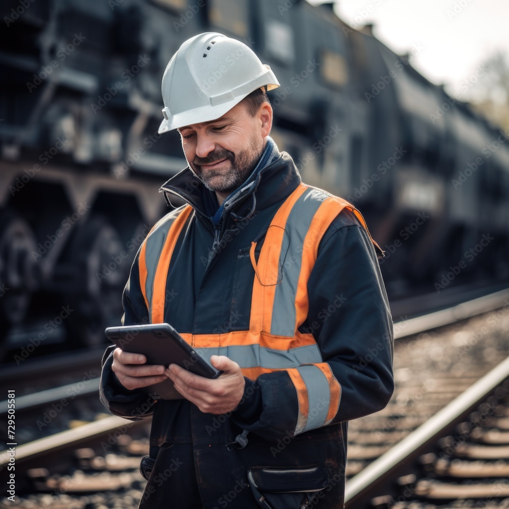 Obraz premium Railway engineer near the rail track with his tablet