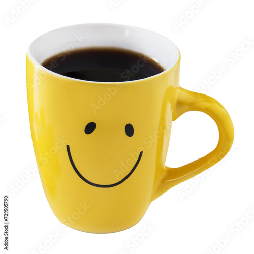 1 Yellow cup of coffee and smile isolated on transparent background PNG cut out photo