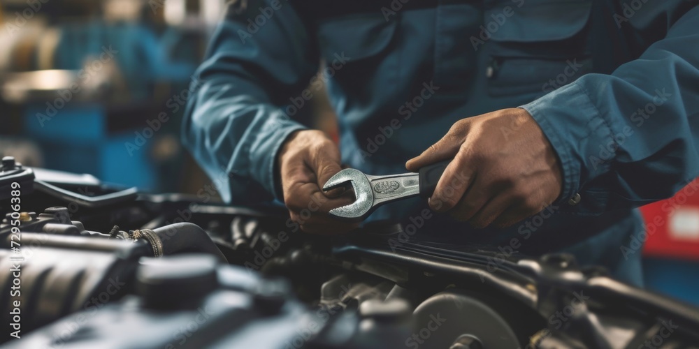 Mechanic Repairs Car With Wrench, Providing Maintenance And Insurance