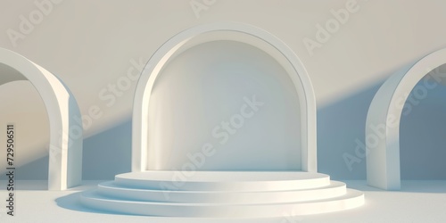 Minimalistic 3D Render Of Greekinspired Podium Stage, Showcasing Classic White Beauty. Сoncept Greek-Inspired Architecture, Podium Stage, Minimalistic Design, Classic White Beauty, 3D Render