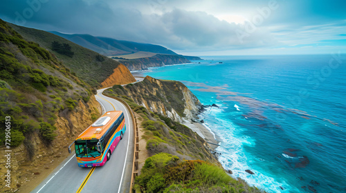 A colorful vacation bus driving along a scenic coastal road at sunset. © Gabriel