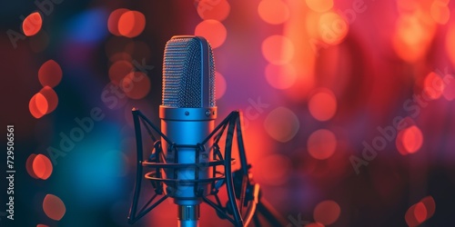 Neonlit Studio Microphone Amidst Bokeh Backdrop Captures Professional Sound Recording Equipment.   oncept Professional Sound Recording Equipment  Studio Microphone  Bokeh Backdrop  Neon-Lit  Captures
