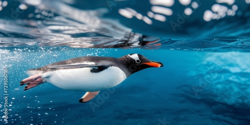 Penguin Gracefully Glides Through Ocean Depths, Surfacing And Diving With Precision. Сoncept Snowy Mountains Glistening In The Sun, Serene Lakeside Sunset, Lush Green Forest, Vibrant Flower Fields