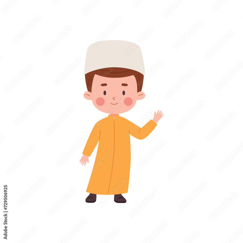 Muslim boy waves his hand, happy Moslem child in national Arab clothing long shirt and skullcap, vector Islamic culture Muslim boy waves his hand, happy Moslem child in national Arab clothing long shirt and skullcap, vector Islamic culture