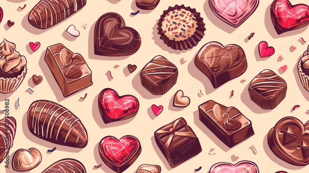 valentine's day seamless pattern with sweets, chocolates, romantic colors