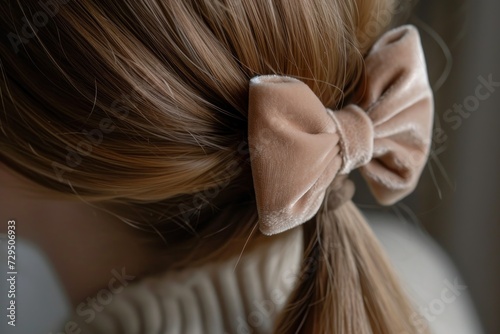 Close up of dark beige velvet bow on brown hair, an excellent barrette, delicate accessory in the style of quiet luxury 
