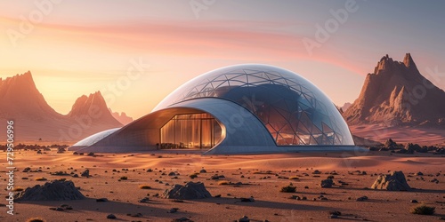 Scifi Greenhouse Amidst Desertlike Terrain Showcases Sustainable Possibilities On Mars. Сoncept Mars Exploration, Scifi Greenhouse, Sustainable Possibilities, Desertlike Terrain, Future Of Mars