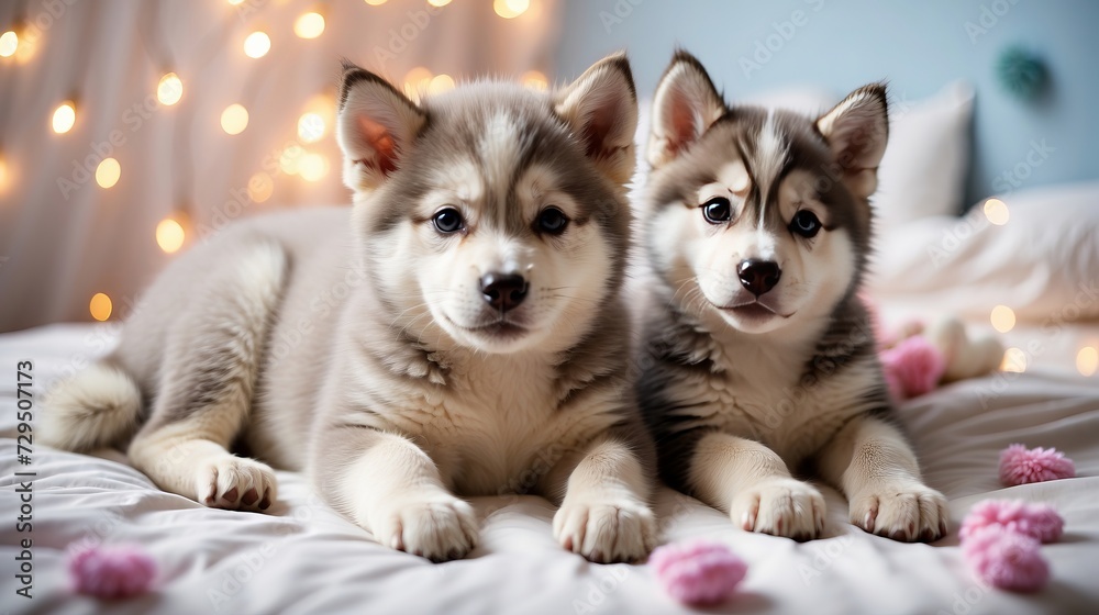 Husky puppies on the bed, Cute Little husky baby dogs playing on the white bed sheet. Husky puppies on the bed, Cute Little husky baby dogs playing on the white bed sheet.