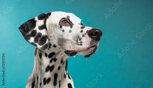 Portrait of Dalmatian dog on blue background. Adorable pet.