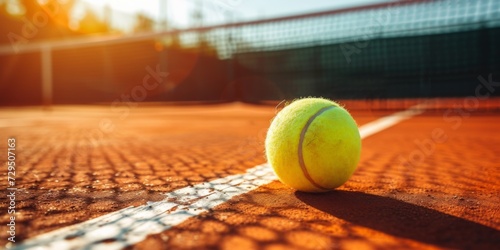 Sports Equipment On A Brightly Lit Tennis Court, Inviting A Friendly Game. Сoncept Nature Hike, Sunset Beach Picnic, Urban Cityscape, Adventure Travel photo