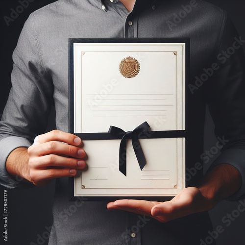 A blank diploma or a mockup certificate in the hand of a man employee wearing shirt on black background