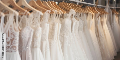 Stunning White Bridal Gowns Hanging On Hangers In A Boutique Shop. Сoncept Bridal Boutique Display, Elegant Wedding Dresses, White Gown Collection, Boutique Shop Decor, Wedding Dress Shopping