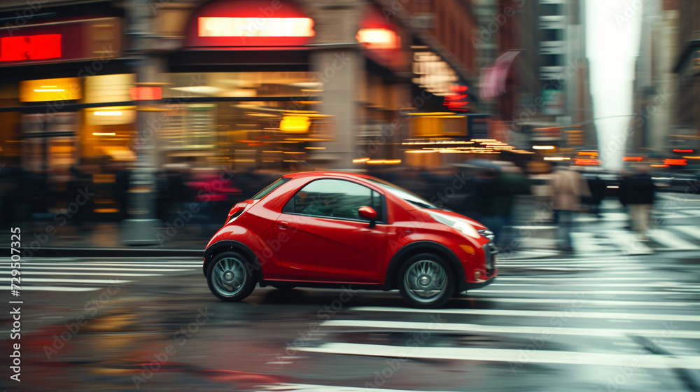 A compact city car navigating through narrow bustling streets of an old European town highlighting agility and practicality.