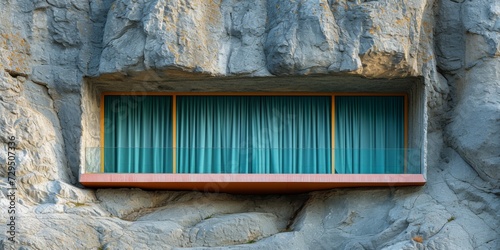 Sustainable Building With A Window Inspired By A Flowing Rock Landscape And Curtains. Сoncept Eco-Friendly Architecture, Nature-Inspired Design, Flowing Landscape Window #729507336