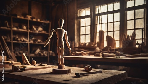 carpentry workshop with wooden mannequin photo