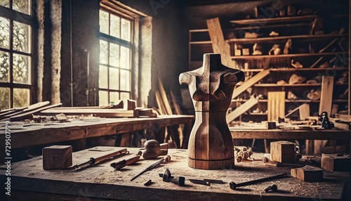 carpentry workshop with wooden mannequin