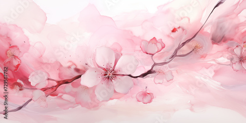 Watercolor cherry blossom banner. Pink spring floral frame with blooming sakura branches, floral greeting card design. Digital illustration