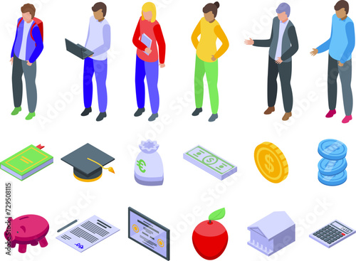 Student loan icons set isometric vector. Agreement books. Cash graduation pay